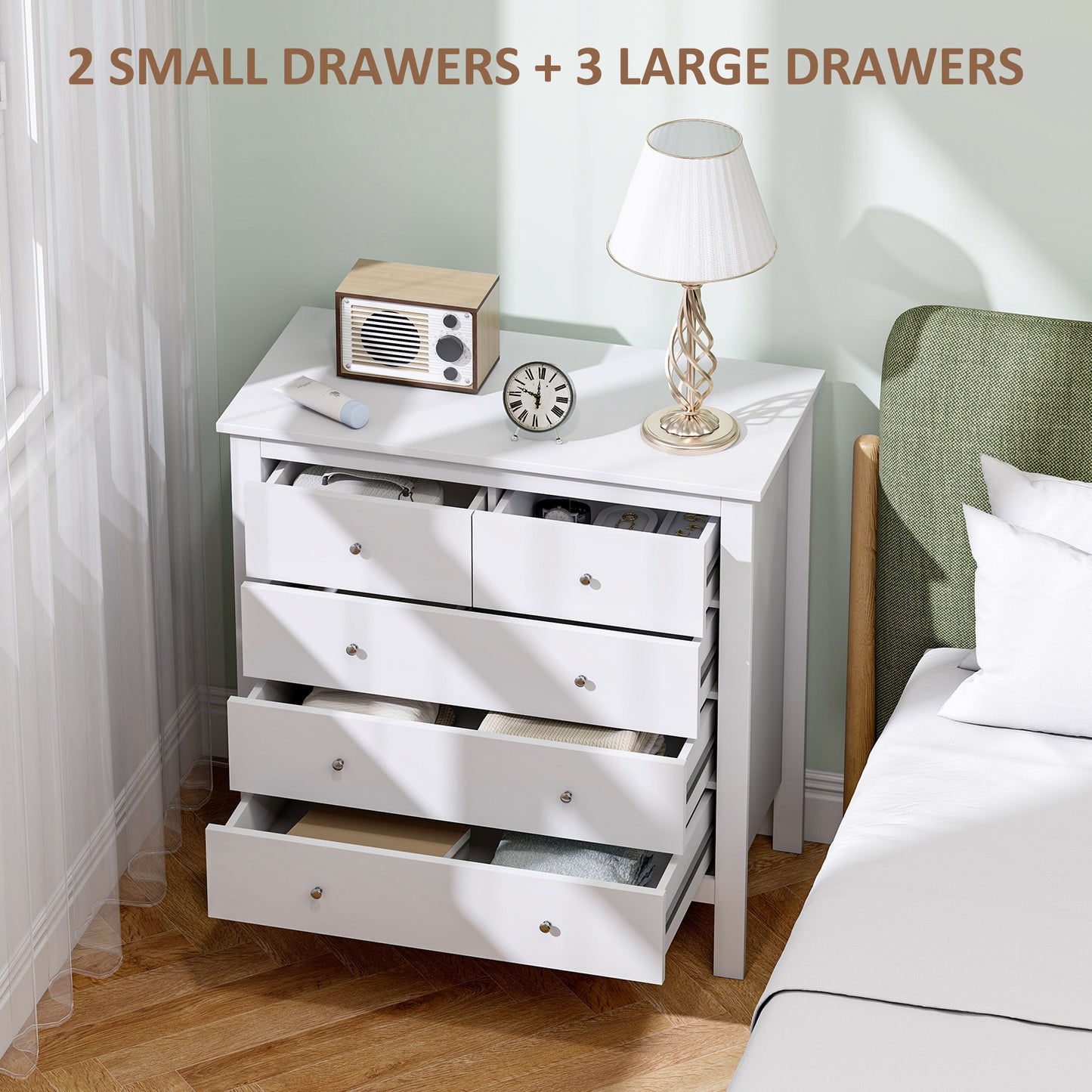HOMCOM 5 Drawer Chest of Drawers, Modern Dresser for Bedroom, Wide Storage Unit for Living Room, Hallway, Closet, White