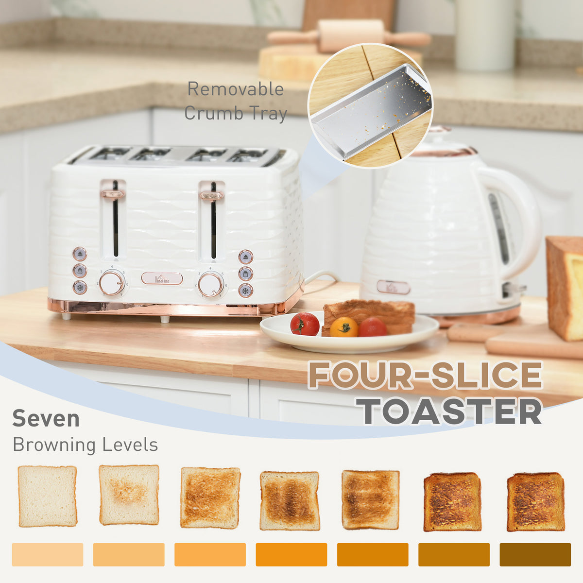 HOMCOM Kettle and Toaster Sets, 3000W 1.7L Rapid Boil Kettle & 4 Slice Toaster with 7 Browning Controls, Defrost, Reheat and Crumb Tray, UK Otter thermostat, Cream White