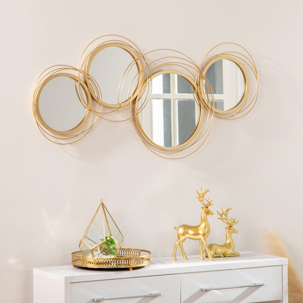 HOMCOM Metal Wall Art 56cm Modern Decorative Mirror Decor for Living Room Bedroom Dining Room, Gold