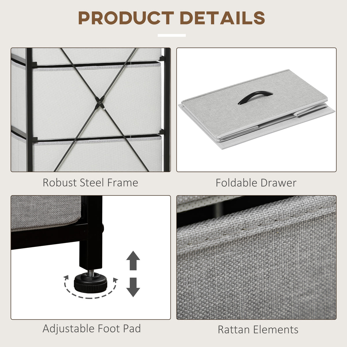 Fabric drawer dresser details: steel frame, foldable drawer, adjustable feet, and woven fabric