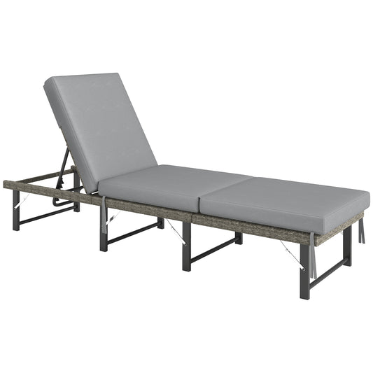 Photo of Outsunny Single Folding Rattan Sun Lounger, with Cushion - Grey in Grey colour on a white background
