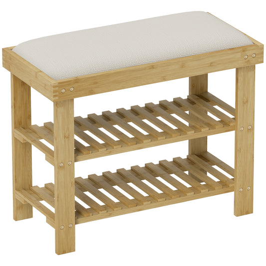 Photo of HOMCOM Bamboo Shoe Storage Bench, 3-Tier Shoe Bench with Seat Cushion, Shoe Rack for Entryway, Hallway, Living Room, Bedroom, Cream White in White colour on a white background