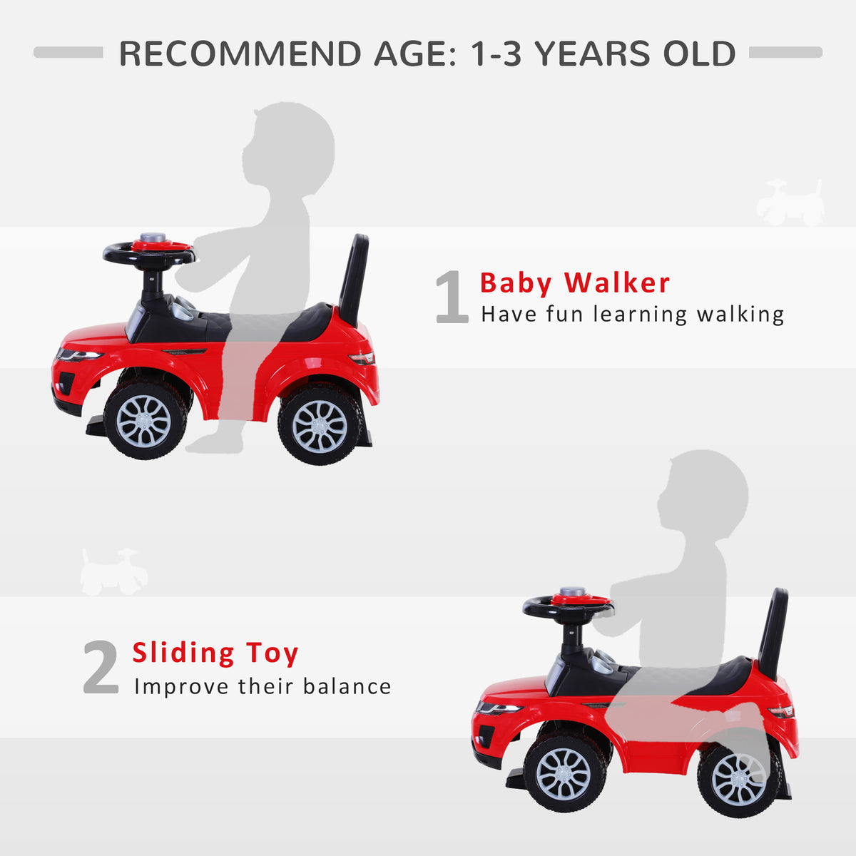 Red toddler ride-on car shown as a walking aid and foot-powered sliding toy