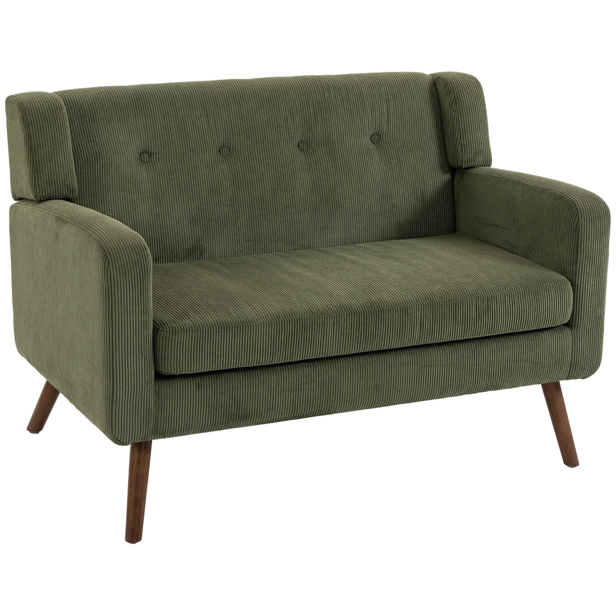 Photo of HOMCOM 2 Seater Sofa, 118 cm Corduroy Small Loveseat with Spring Cushion, Wood Legs for Small Space, Living Room, Dark Green in Green colour on a white background