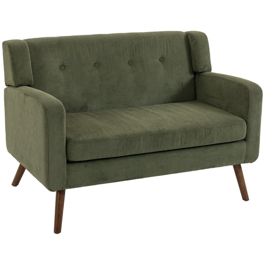 Photo of HOMCOM 2 Seater Sofa, 118 cm Corduroy Small Loveseat with Spring Cushion, Wood Legs for Small Space, Living Room, Dark Green in Green colour on a white background