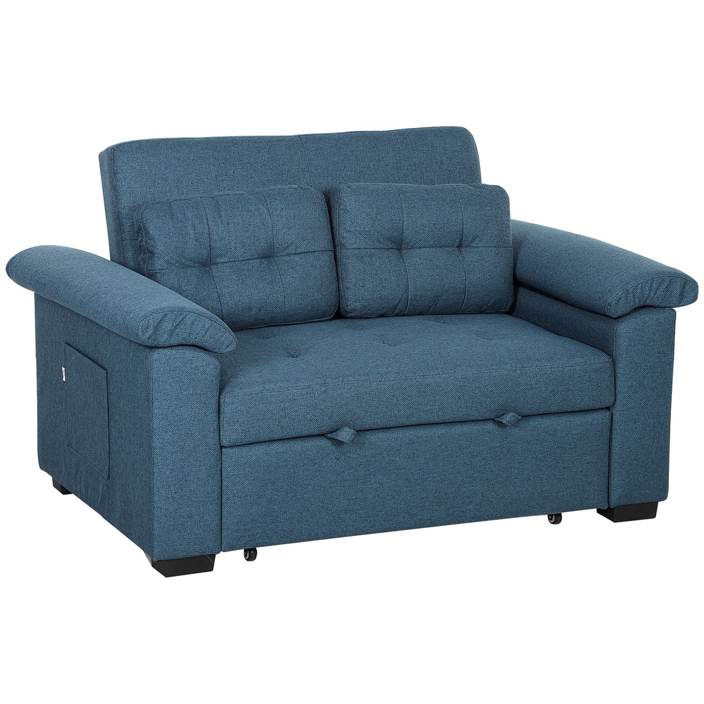 Photo of HOMCOM Pull Out Sofa Bed, Fabric 2 Seater Click Clack Sofa Bed Settee with 2 Pocket Springs, Convertible Sofa Couch with Pillows and Side Pockets for Living Room, Home Office, Blue in Blue colour on a white background