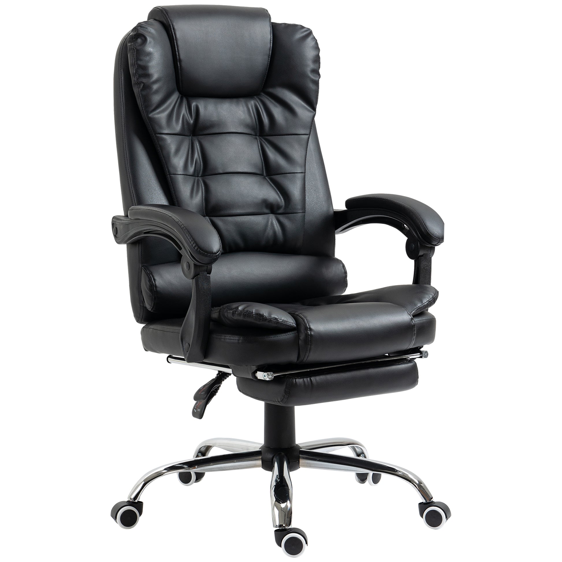Photo of HOMCOM Executive Office Chair, PU Leather Home Office Chair with Swivel Wheels, Reclining Backrest, Retractable Footrest, Black in Black colour on a white background