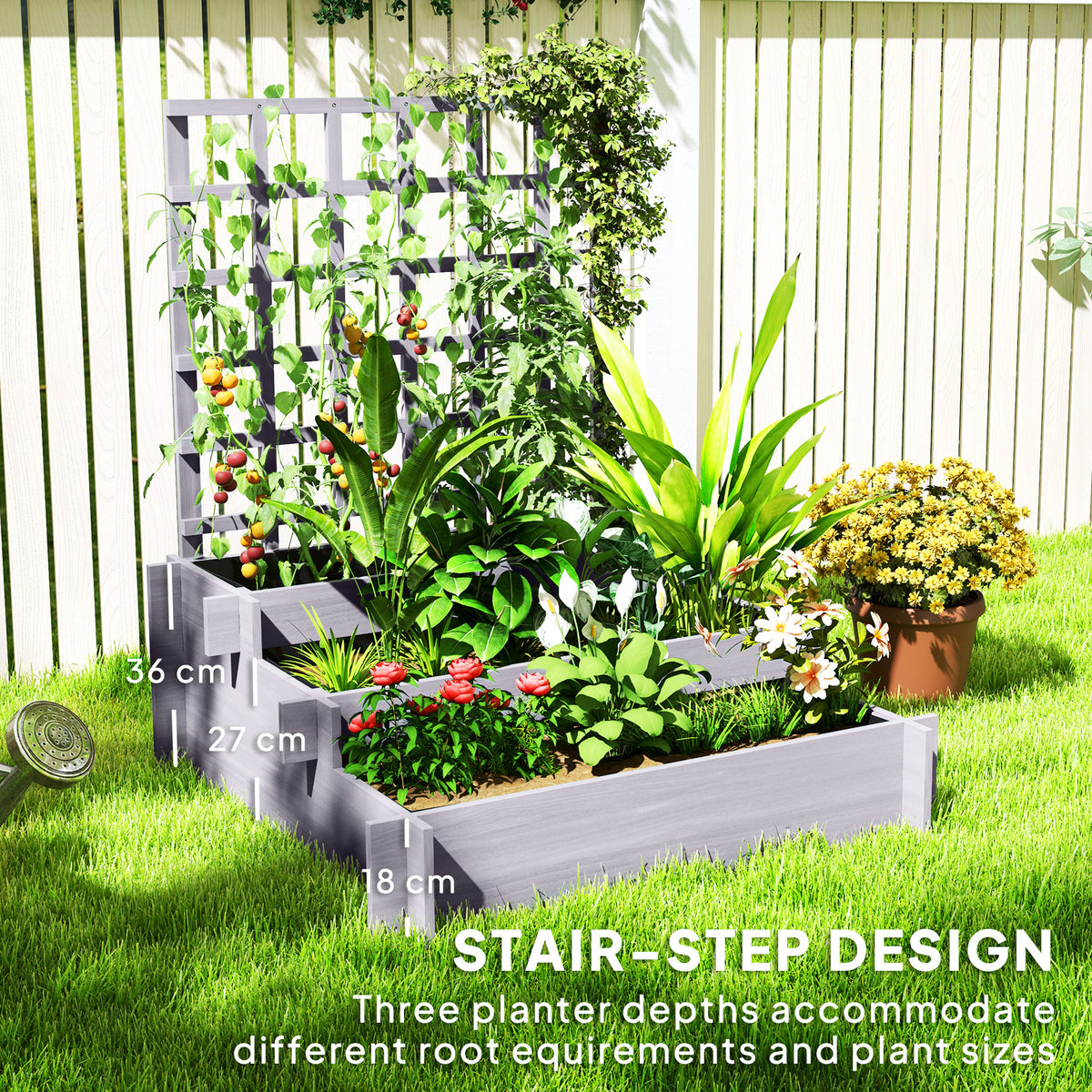 Grey stair-step raised planter filled with flowers and plants