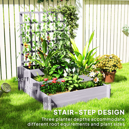 Grey stair-step raised planter filled with flowers and plants
