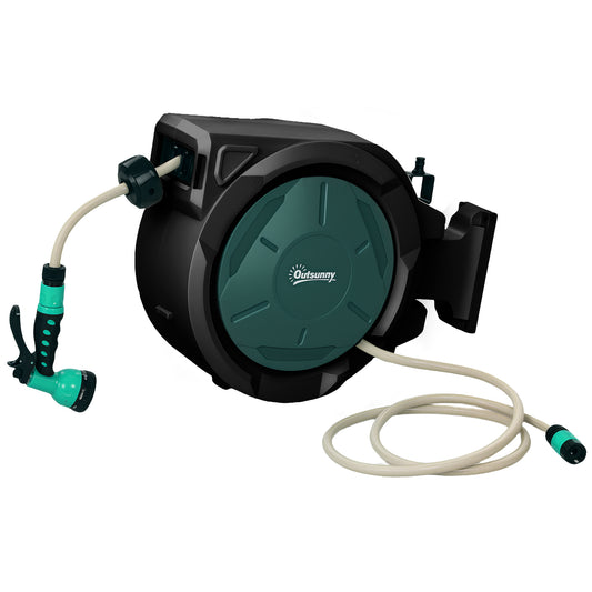 Photo of Outsunny Retractable Hose Reel Wall Mounted, 30+2m Garden Hose Pipe Reel with Lock, Auto Rewind, 7 in 1 Spray Nozzle, Includes Wall Fixings, 180° Swivel, Outdoor Watering, 59 x 23 x 42 cm, Green in Green colour on a white background