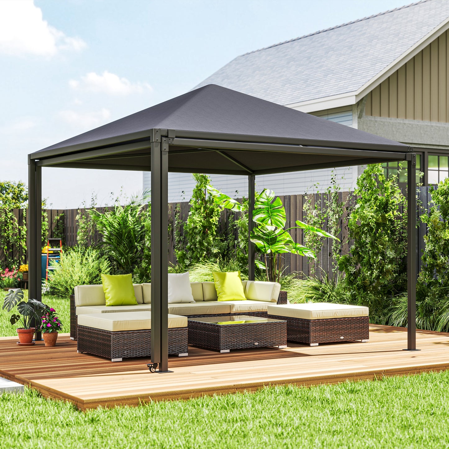 Outsunny 3 x 6m Garden Gazebo with Extendable Awning and Wheels, UPF30+ Metal Gazebo Canopy Shelter for BBQ, Dark Grey