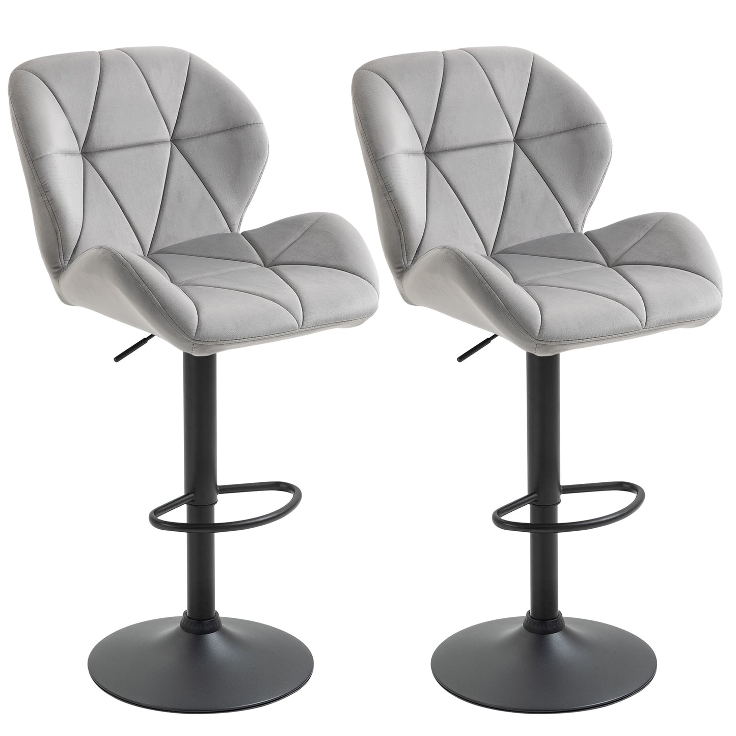 Photo of HOMCOM Bar Stools Set Of 2, Luxurious Velvet-Touch Barstools with Metal Frame Footrest Round Base Triangle Indenting Moulded Seat Adjustable Height Swivel Light Grey in Grey colour on a white background