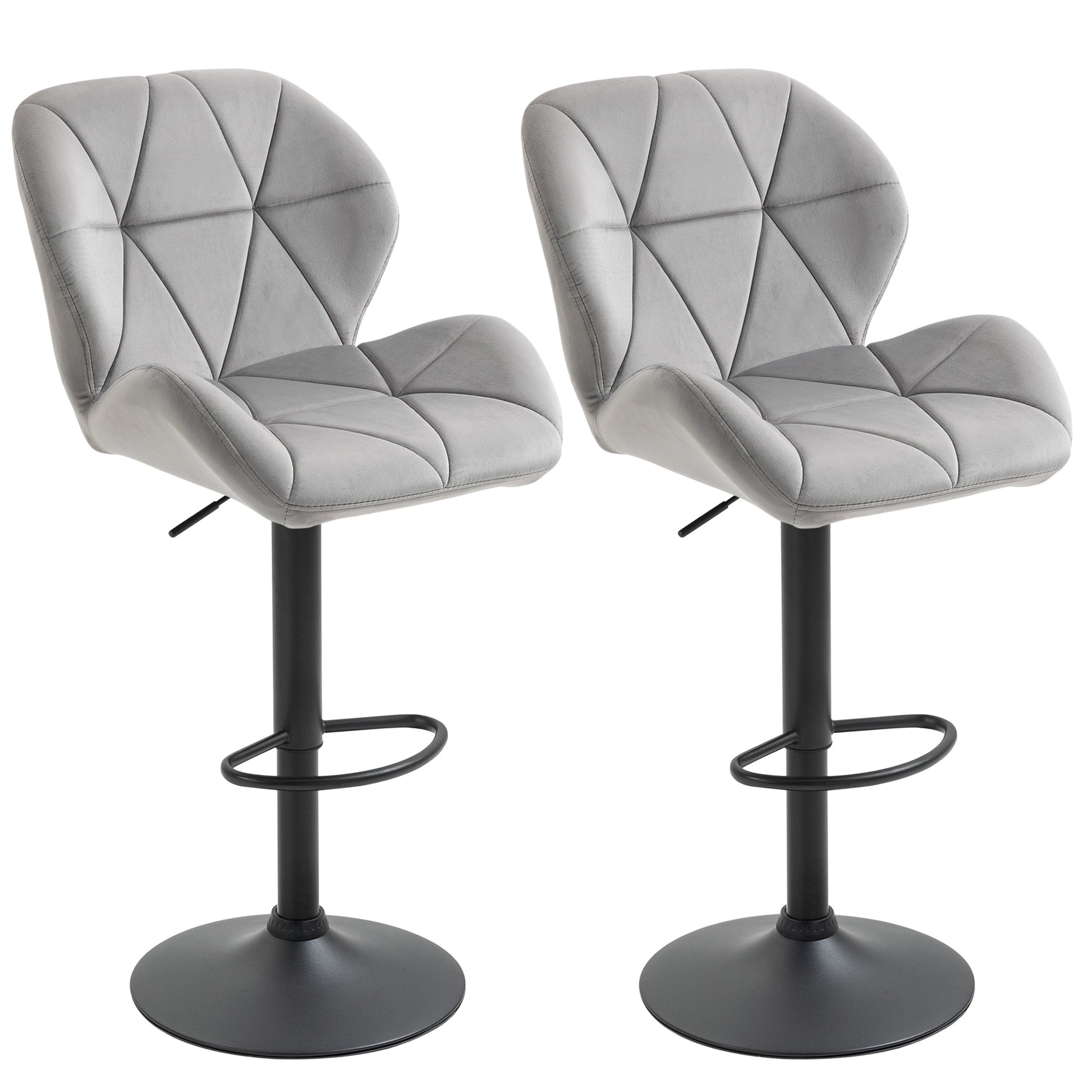 Photo of HOMCOM Bar Stools Set Of 2, Luxurious Velvet-Touch Barstools with Metal Frame Footrest Round Base Triangle Indenting Moulded Seat Adjustable Height Swivel Light Grey in Grey colour on a white background