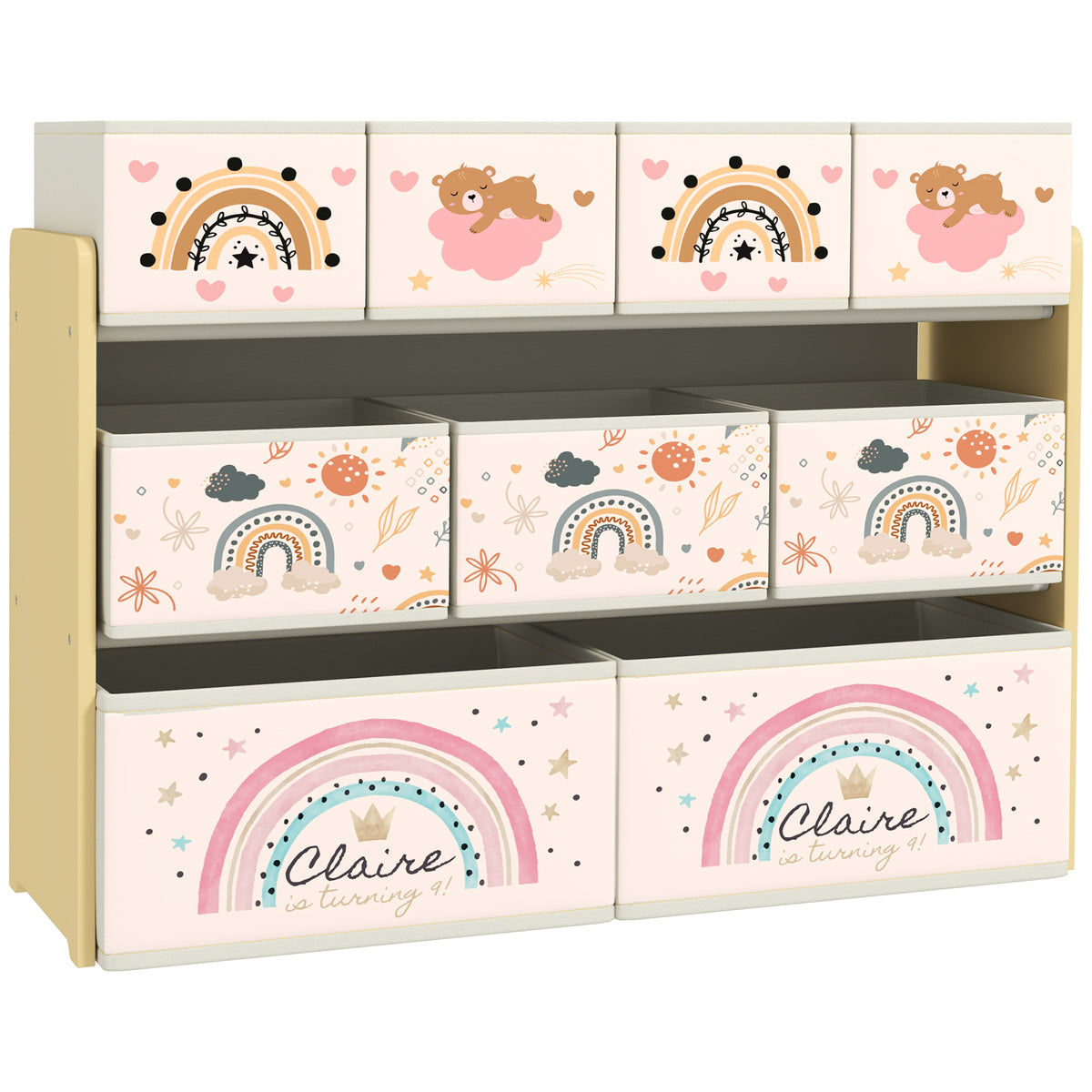 AIYAPLAY three-tier kids storage unit with nine patterned fabric bins in cream and yellow