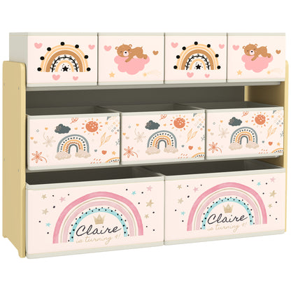 AIYAPLAY three-tier kids storage unit with nine patterned fabric bins in cream and yellow