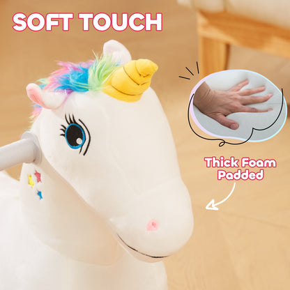 AIYAPLAY unicorn ride-on close-up showing soft plush fabric, rainbow mane and foam-padded head