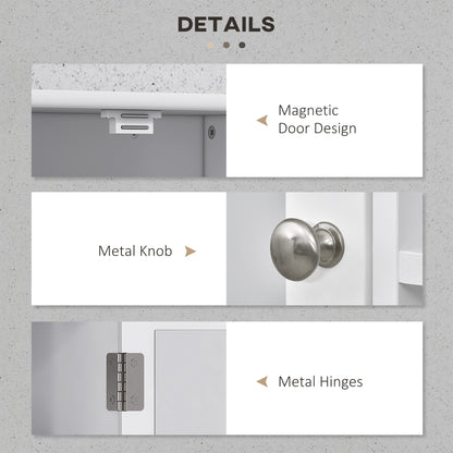 Bathroom cabinet details showing magnetic door catch, metal knob, and hinges