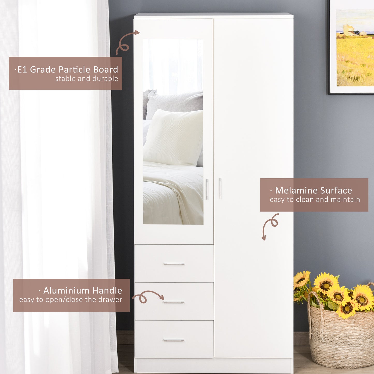 HOMCOM 2 Door 3 Drawer Mirrored Wardrobe with Hanging Rail, Modern Clothes Storage Cupboard with Mirror, Drawers and Adjustable Shelves for Bedroom, 80 x 50 x 180 cm, White
