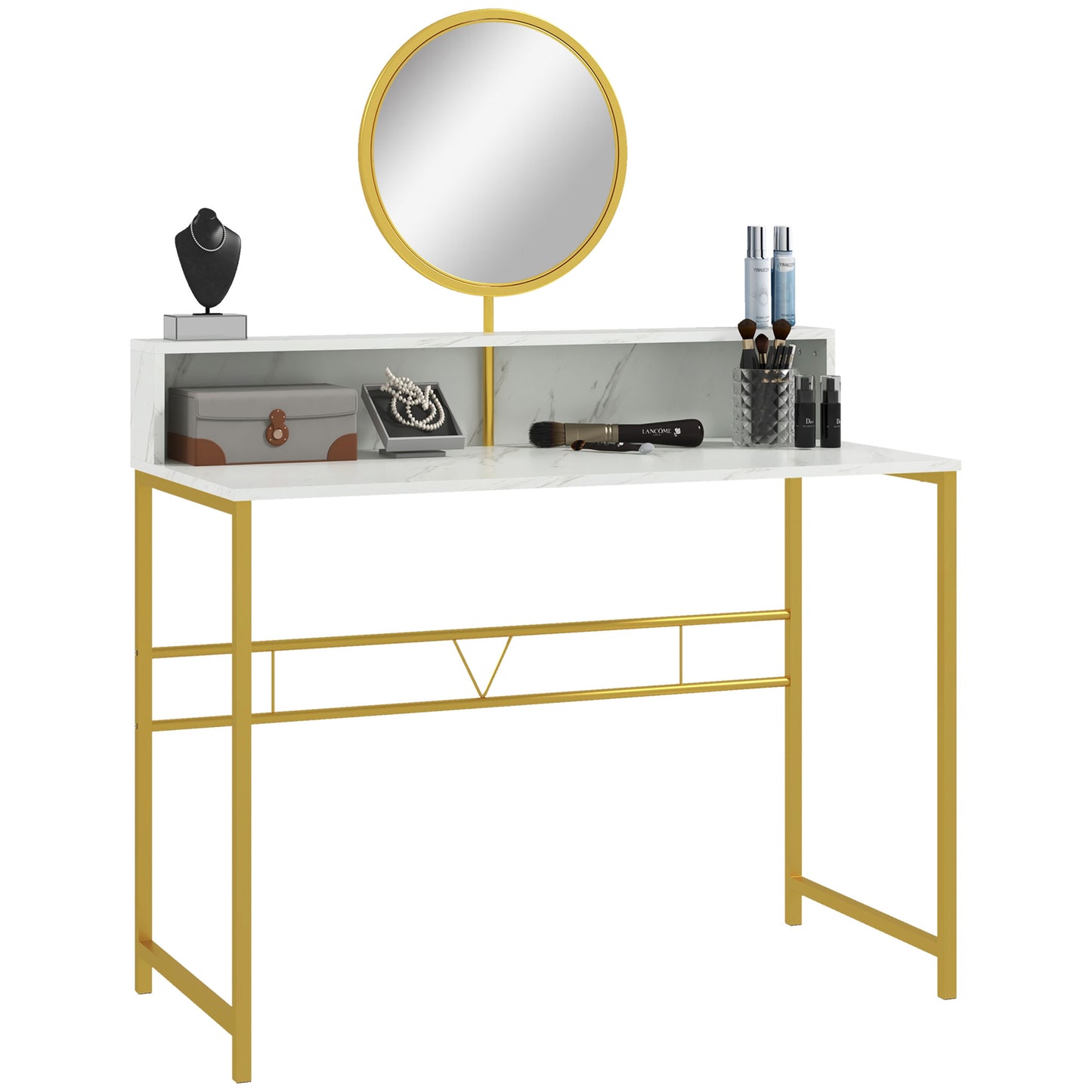 Photo of HOMCOM Modern Dressing Table with Round Mirror, Vanity Makeup Desk with Open Storage, Faux Marble Texture and Steel Frame for Bedroom, White in White colour on a white background