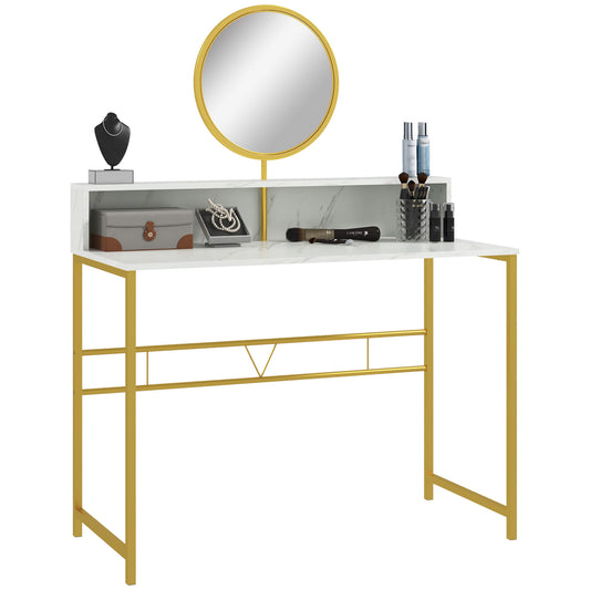 Photo of HOMCOM Modern Dressing Table with Round Mirror, Vanity Makeup Desk with Open Storage, Faux Marble Texture and Steel Frame for Bedroom, White in White colour on a white background