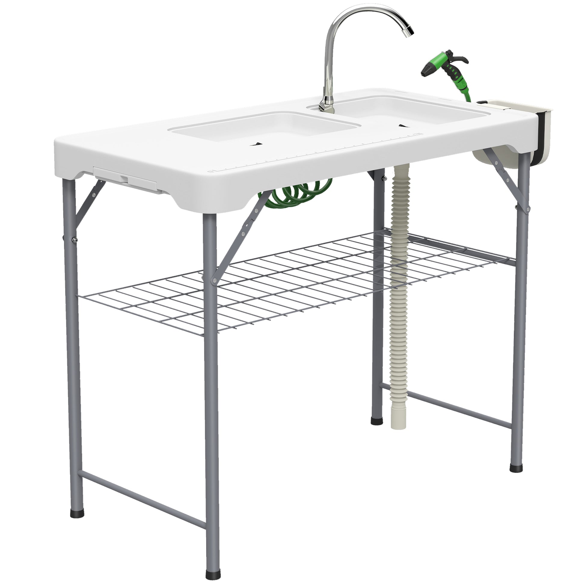 Photo of Outsunny Folding Fish Cleaning Table with Sinks, Portable Camping Sink Table with Faucet, Drainage Hose in Hose colour on a white background