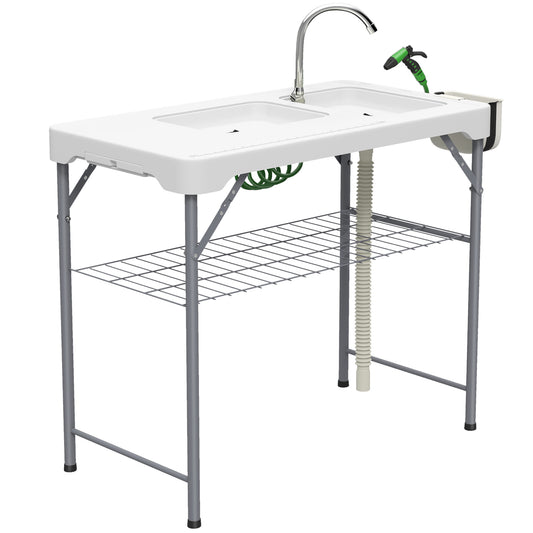 Photo of Outsunny Folding Fish Cleaning Table with Sinks, Portable Camping Sink Table with Faucet, Drainage Hose in Hose colour on a white background