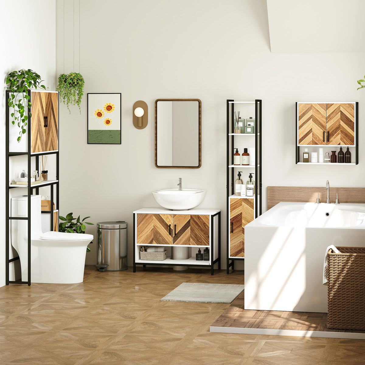 Under-sink cabinet with walnut doors and open shelves in a furnished bathroom