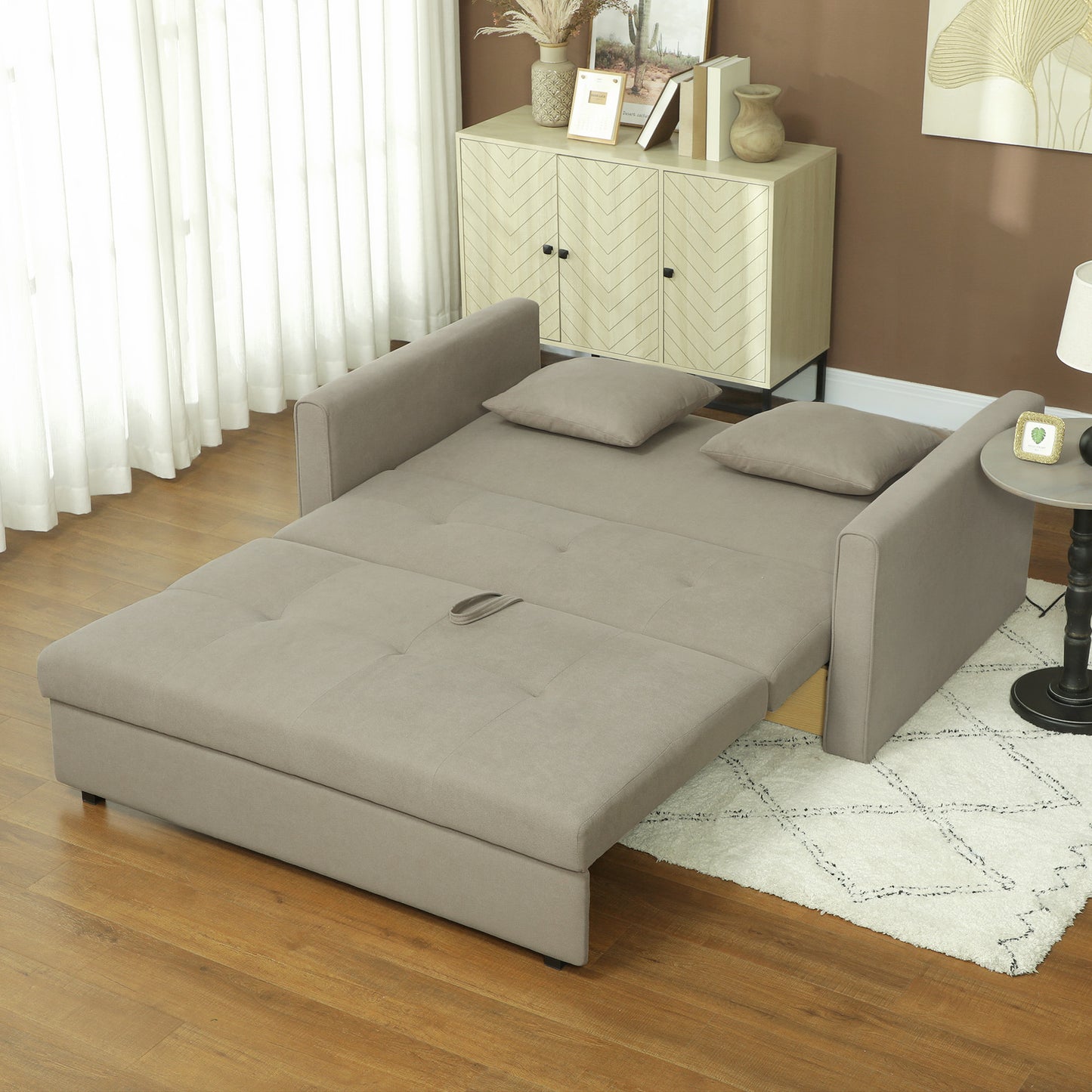 HOMCOM 2 Seater Sofa Bed with Hidden Storage, Pull Out Convertible Bed Settee, Modern Snow Flannel Loveseat Sofa Sleeper with 2 Cushions for Living Room, Guest Room, Light Brown