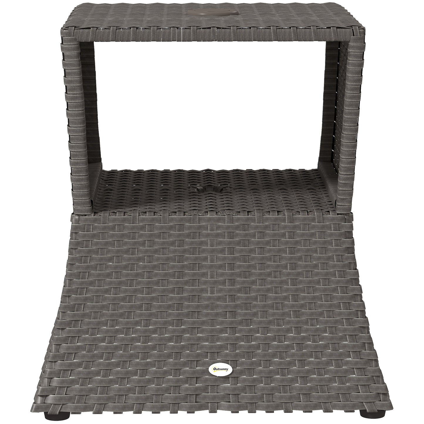 Photo of Outsunny Rattan Outdoor Coffee Table, Wicker Garden Patio Bistro Side Table with Umbrella Hole and Storage Space, Dark Grey in Grey colour on a white background