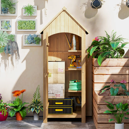 Wooden garden storage shed with open door, shelves, and stored tools