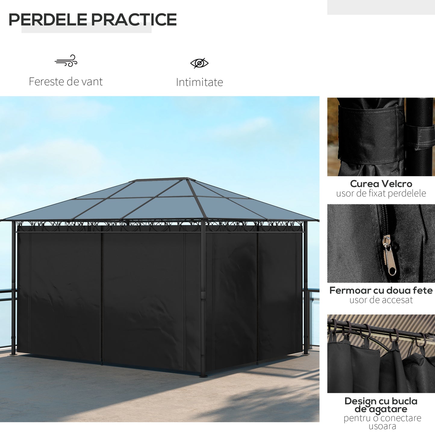 Outsunny Hardtop Gazebo Garden Pavilion w/ UV Resistant Polycarbonate Roof, Curtains, Steel & Aluminium Frame, 3 x 4(m), Grey