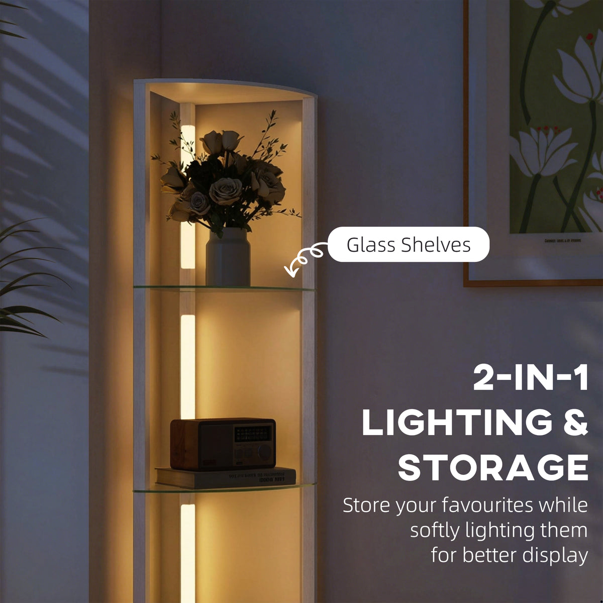 HOMCOM LED Floor Lamp with Shelves, Dimmable Standing Lamp with Foot Switch for Living Room, Bedroom, White