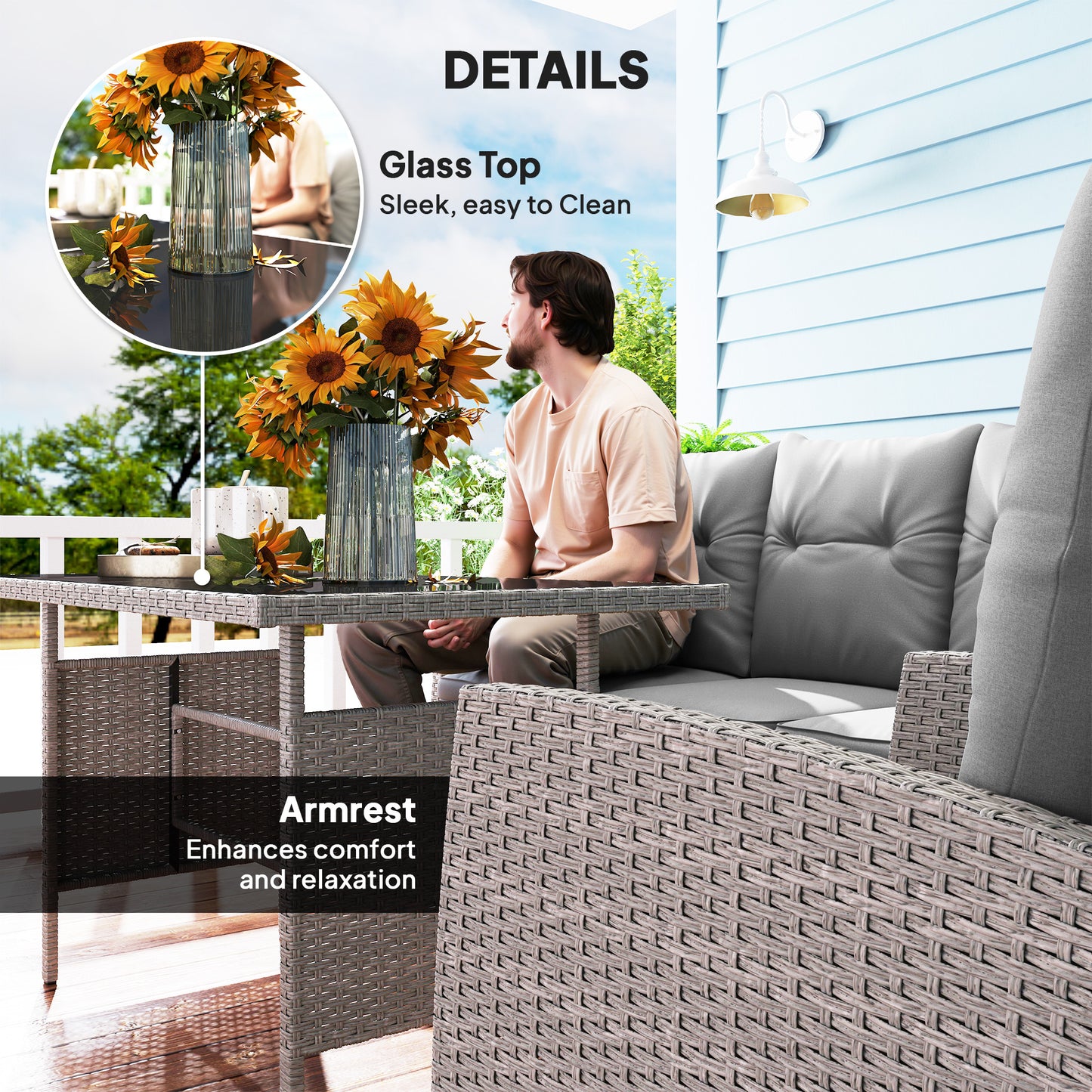 Outsunny 7 Seater Rattan Garden Furniture Set, 6 Piece Patio Dining Set, Armchairs, 3-Seater Sofa, Footstools, Glass Dining Table, Cushions, Wicker Outdoor Furniture for Conservatory Patio, Grey
