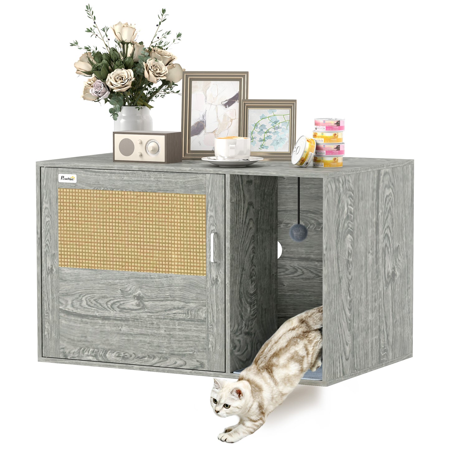 Photo of PawHut Cat Litter Box Enclosure with Rattan Door, Scratching Mat, Toy Ball, Non-Slip Foot Pads, Grey in Grey colour on a white background