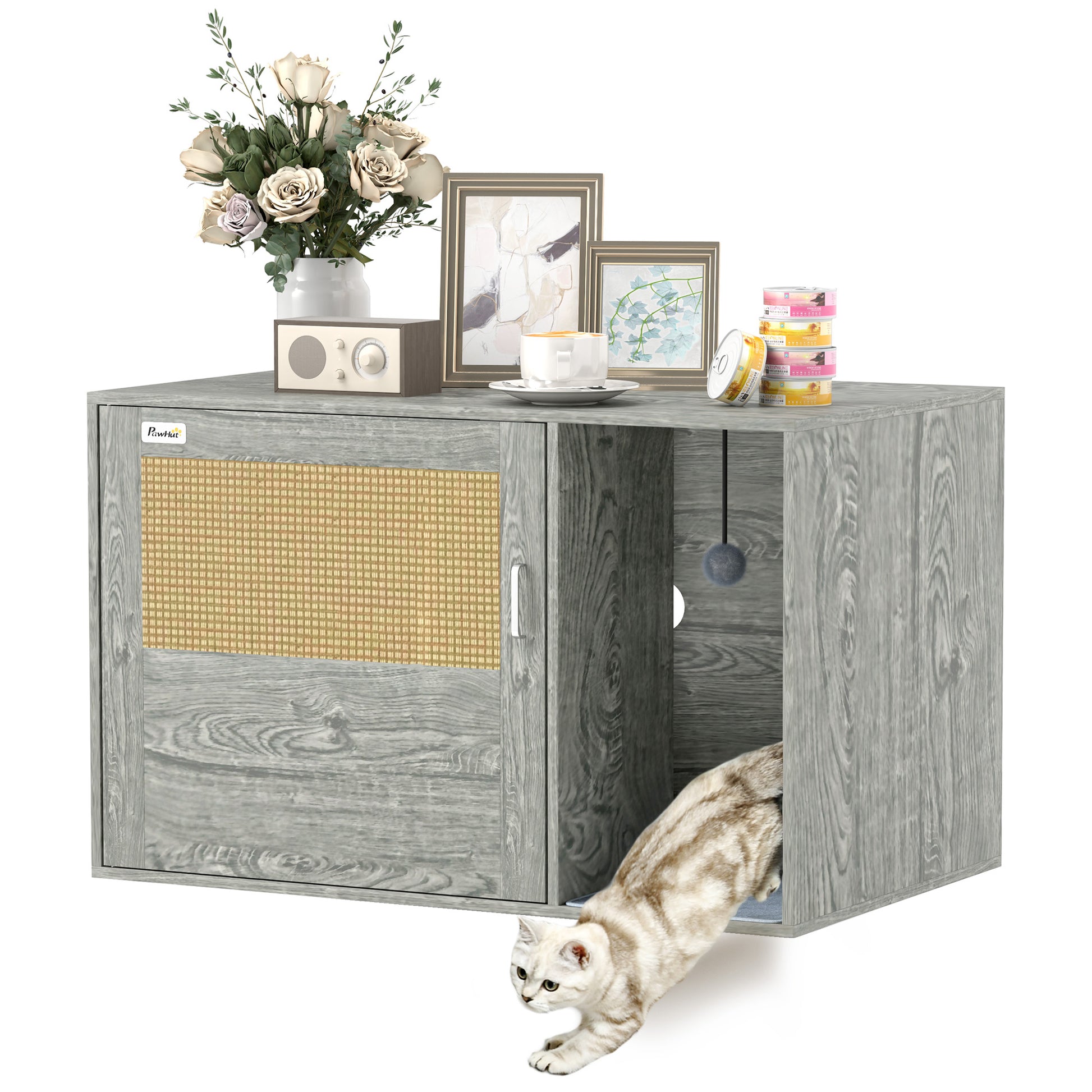 Photo of PawHut Cat Litter Box Enclosure with Rattan Door, Scratching Mat, Toy Ball, Non-Slip Foot Pads, Grey in Grey colour on a white background
