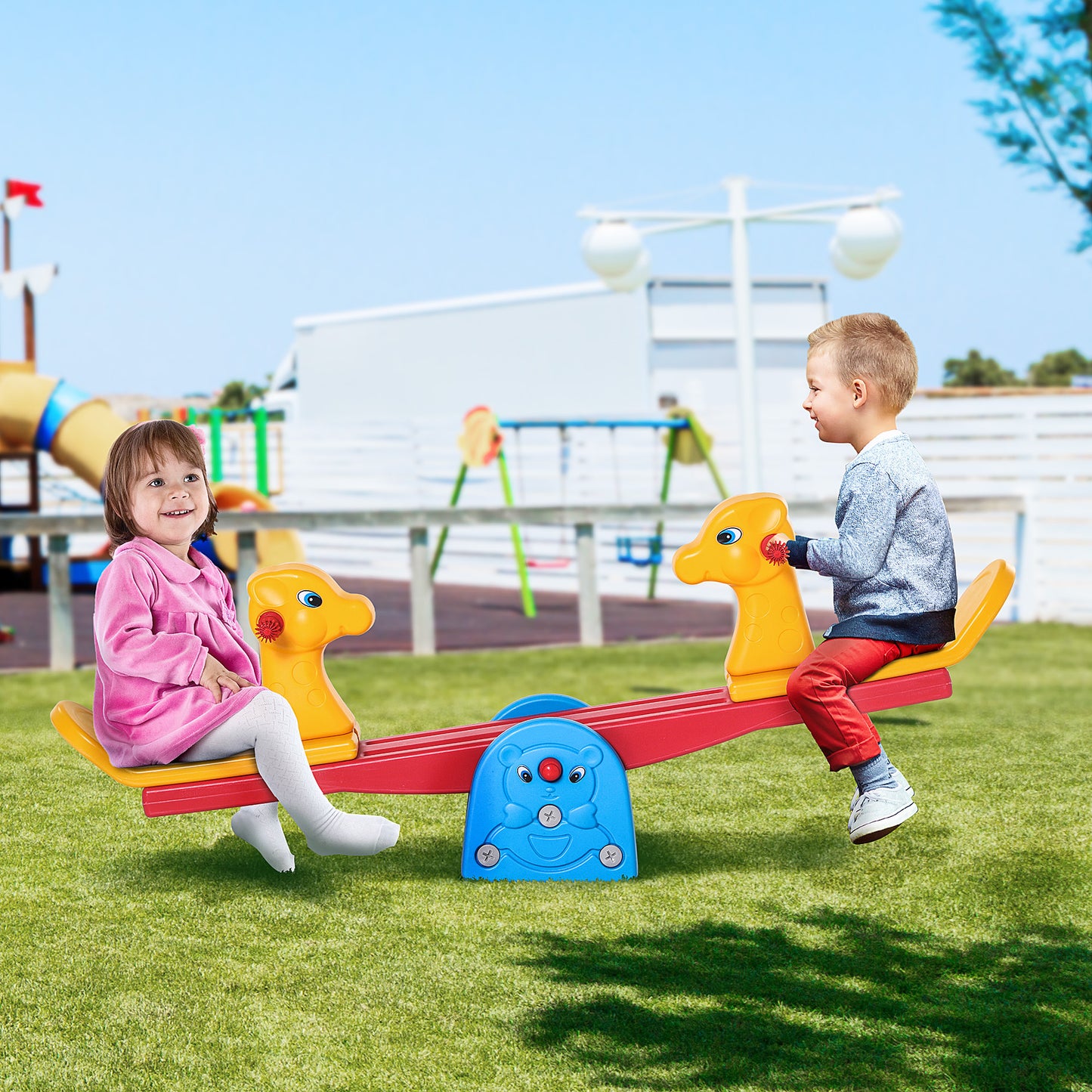 HOMCOM Kids Seesaw Teeter Totter 2 Seats with Easy-Grip Handles, Indoor Outdoor Living Room Playroom Garden, for 1-4 years old