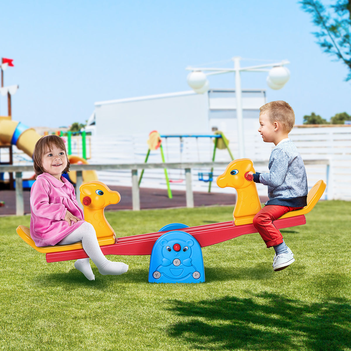 HOMCOM Kids Seesaw Teeter Totter 2 Seats with Easy-Grip Handles, Indoor Outdoor Living Room Playroom Garden, for 1-4 years old