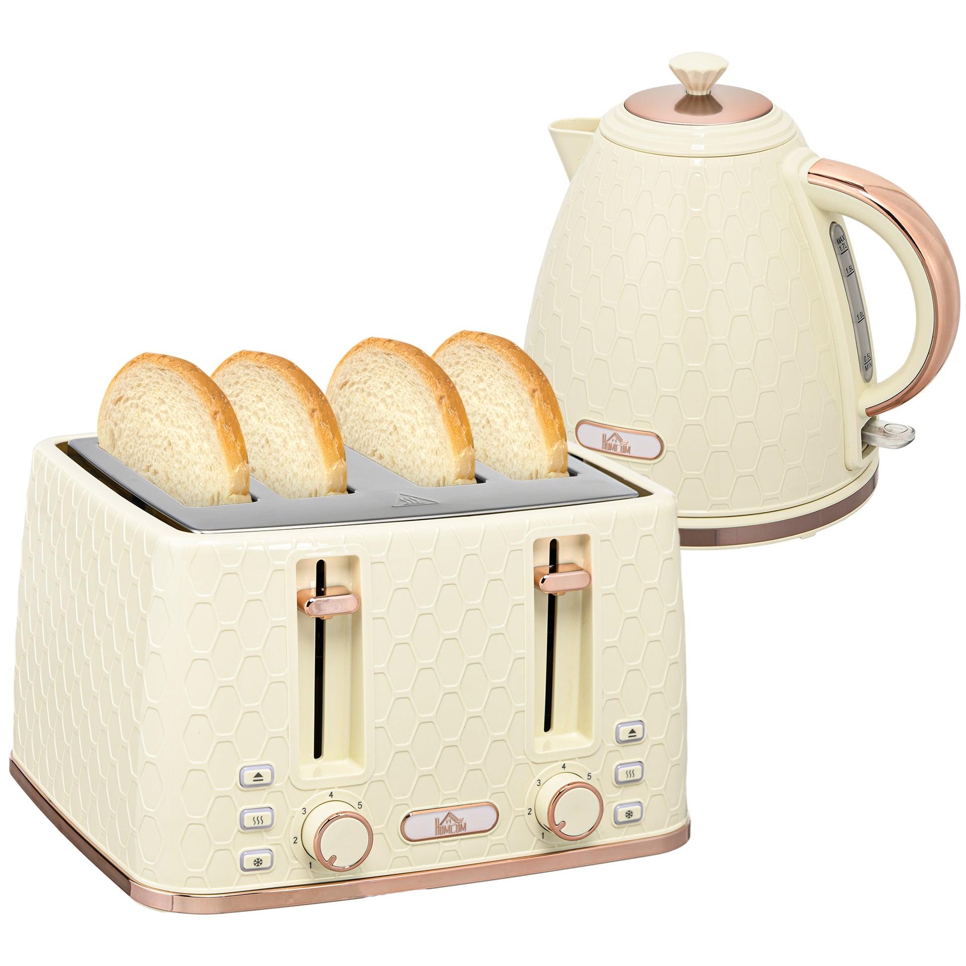 Photo of HOMCOM Kettle and Toaster Set, 1.7L 3000W Fast Boil Jug Kettle, 4 Slice Toaster with 7 Level Browning Controls, Beige in Beige colour on a white background