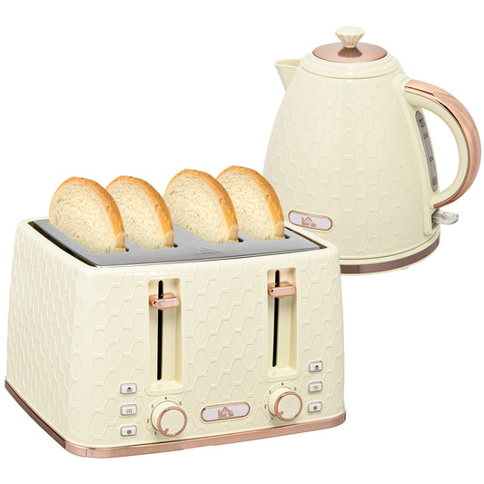 Photo of HOMCOM Kettle and Toaster Set, 1.7L 3000W Fast Boil Jug Kettle, 4 Slice Toaster with 7 Level Browning Controls, Beige in Beige colour on a white background