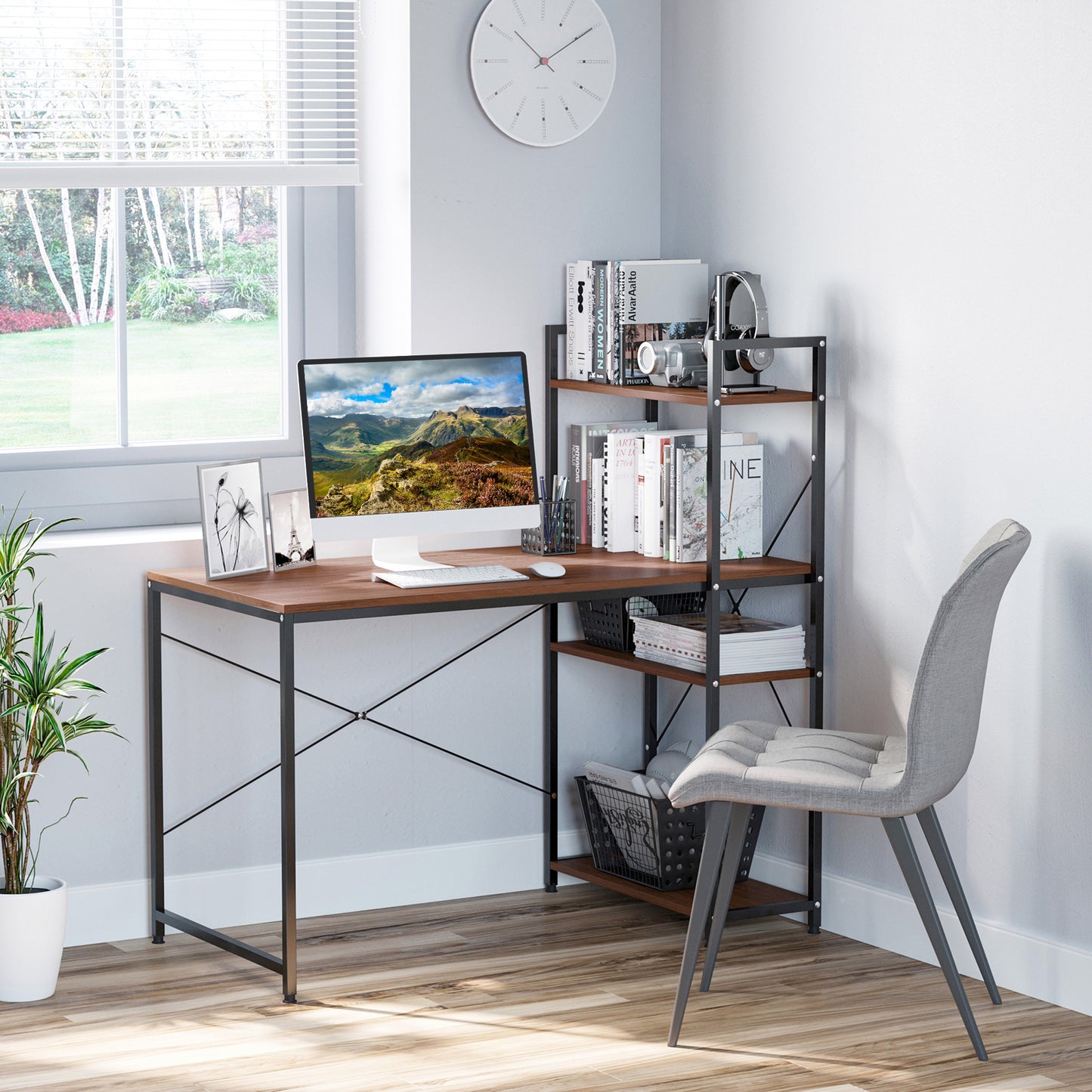 HOMCOM Computer Desk with Storage Shelves on Left or Right, Industrial Reversible Writing Desk for Home Office, Study, Easy Assembly, 120 x 64 x 121cm, Walnut and Black