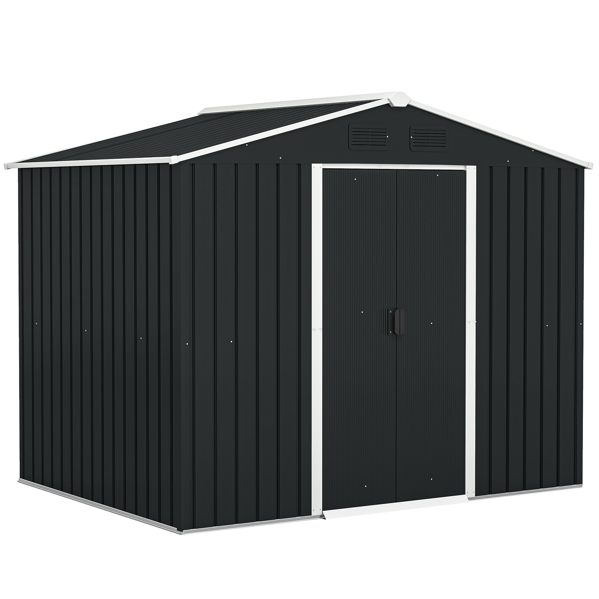 Photo of Outsunny 7.7 x 5.7ft Metal Garden Shed, Galvanised Outdoor Tool Storage House with Ventilation Slots and Sliding Doors, Grey in Grey colour on a white background