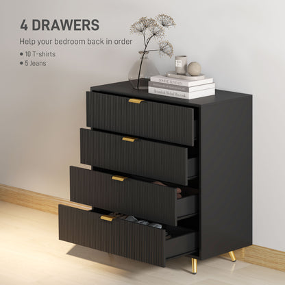 Four fluted drawers shown open on the black HOMCOM bedside table