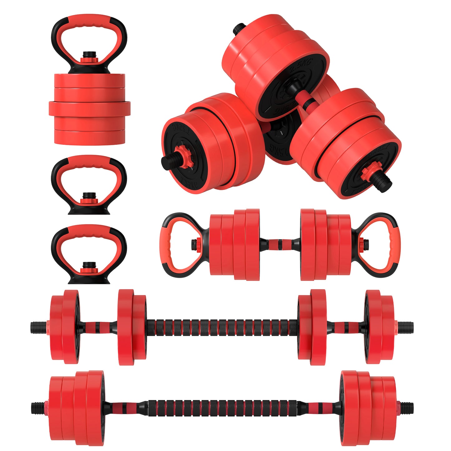 Photo of SPORTNOW 30kg 6-In-One Adjustable Weight Dumbbells Set, Barbell, Kettlebell, Push Up Stand - Red in Red colour on a white background
