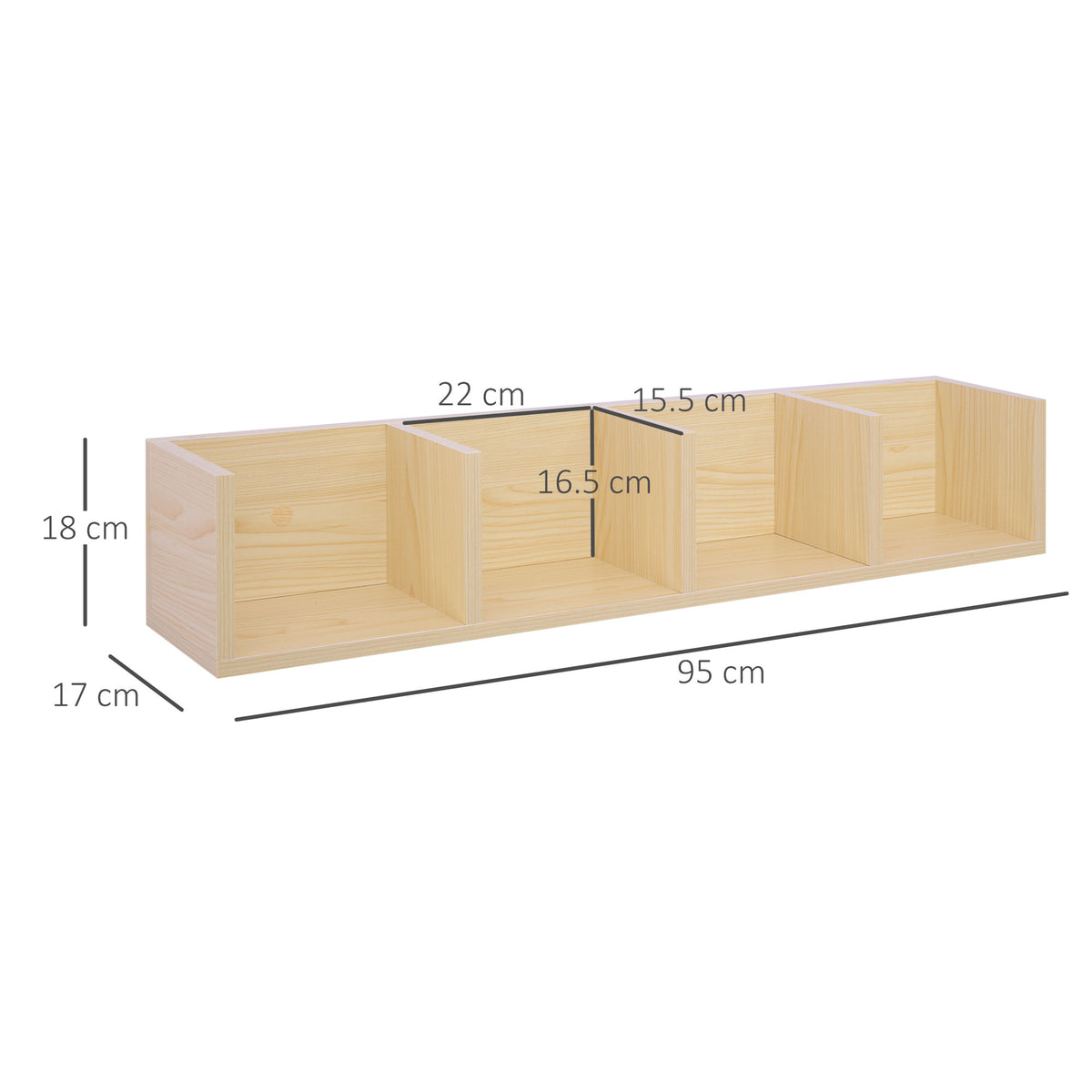 Four-cube natural wood media shelf with dimensions labeled.