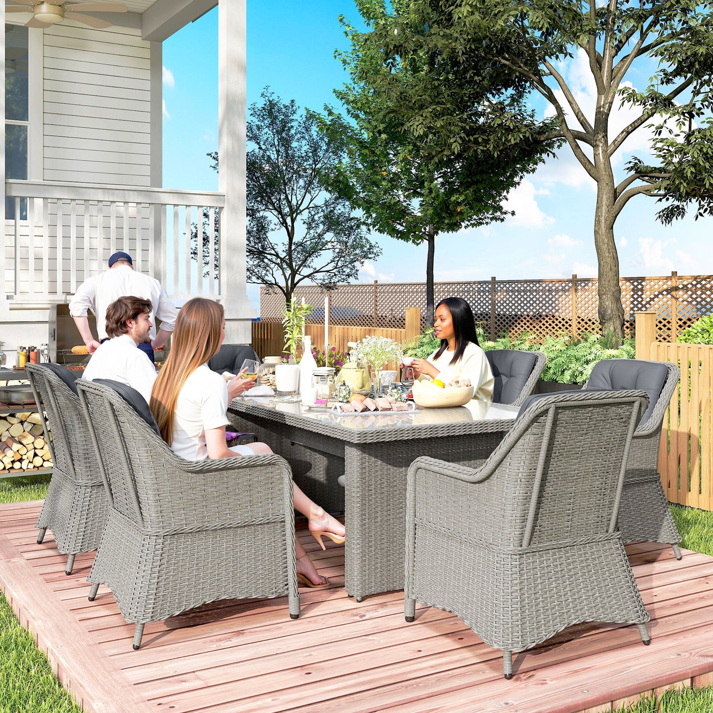 Outsunny 6 Seater Rattan Garden Dining Set with Cushions, Aluminium Outdoor Patio Furniture Set for Garden Gatherings & Outdoor Dining, Mixed Grey