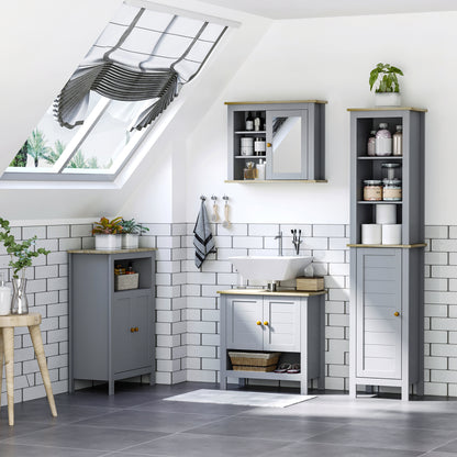Gray wall mirror cabinet mounted above a bathroom sink