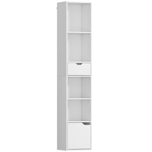 Photo of HOMCOM 6-Tier Bookcase, Tall Narrow Bookshelf with Drawer and Door - White in White colour on a white background