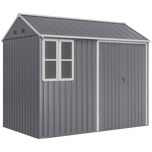 Photo of Outsunny 8 x 6 ft Galvanised Garden Shed, Outsoor Metal Storage Shed with Double Doors Window Air Vents, Grey in Grey colour on a white background