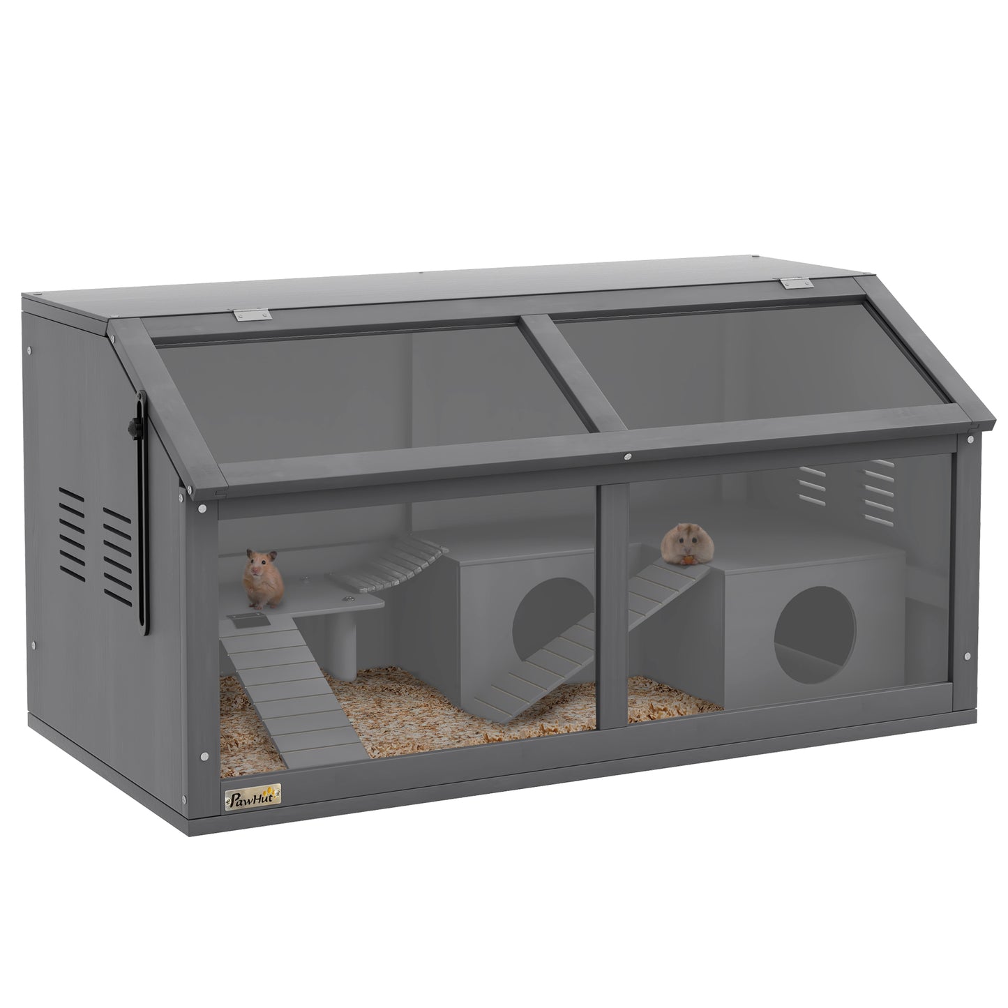 Photo of PawHut Hamster Cage, Wooden Small Animal Cage for Gerbils, Mice w/ Suspension Bridge, Openable Top, Hut, 85 x 45 x 44cm - Grey in Grey colour on a white background