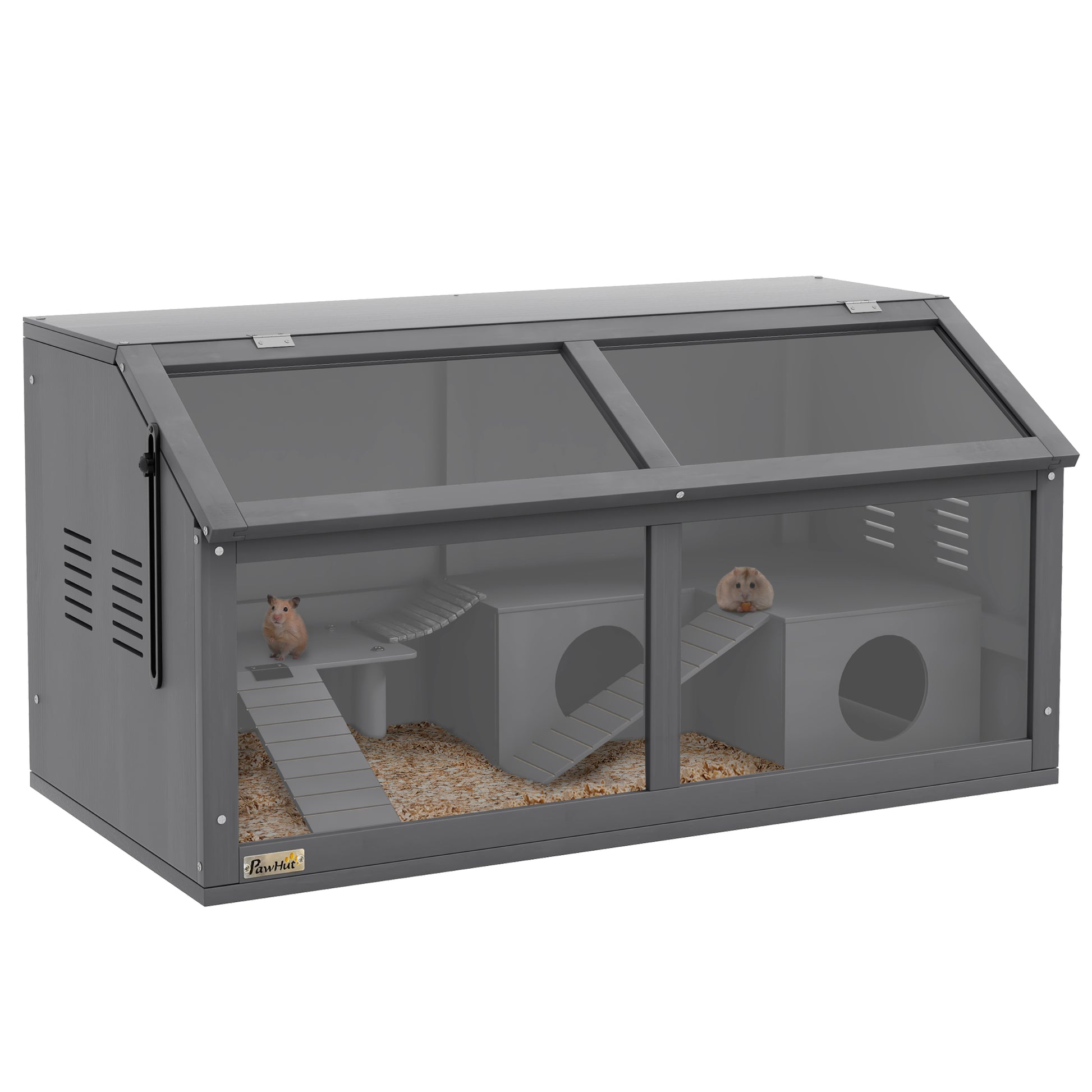 Photo of PawHut Hamster Cage, Wooden Small Animal Cage for Gerbils, Mice w/ Suspension Bridge, Openable Top, Hut, 85 x 45 x 44cm - Grey in Grey colour on a white background